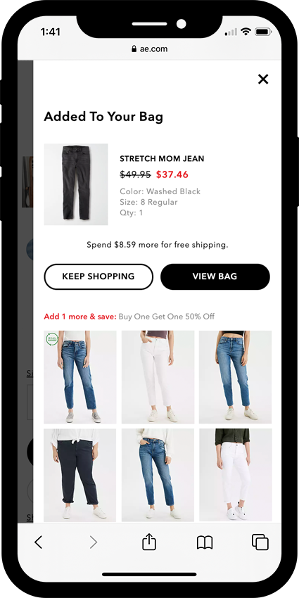 Added to bag modal with jean recommendations